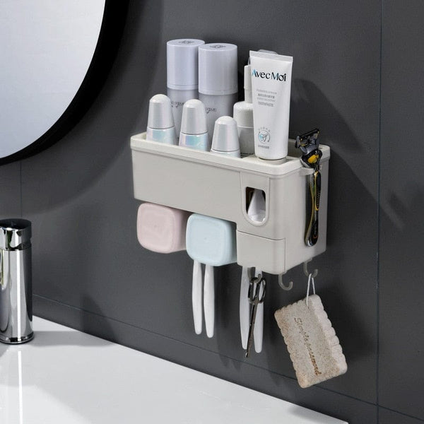 Natty Records home and garden 2 Cup BAISPO Home Bathroom Accessories Wall Mount Rack Toothbrush Holder Automatic Toothpaste Dispenser Holder Fit Bathroom Products