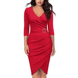 Natty Records Store red / S MOVOKAKA Elegant Fashion Woman Folds Dress Party Office Lady Slim Sashes Vestidos Solid Color V Neck High Waist Vintage Dresses