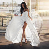 Natty Records Store Wedding Dress White / 36 White A Line Pleated Satin Long Beach Wedding Dress